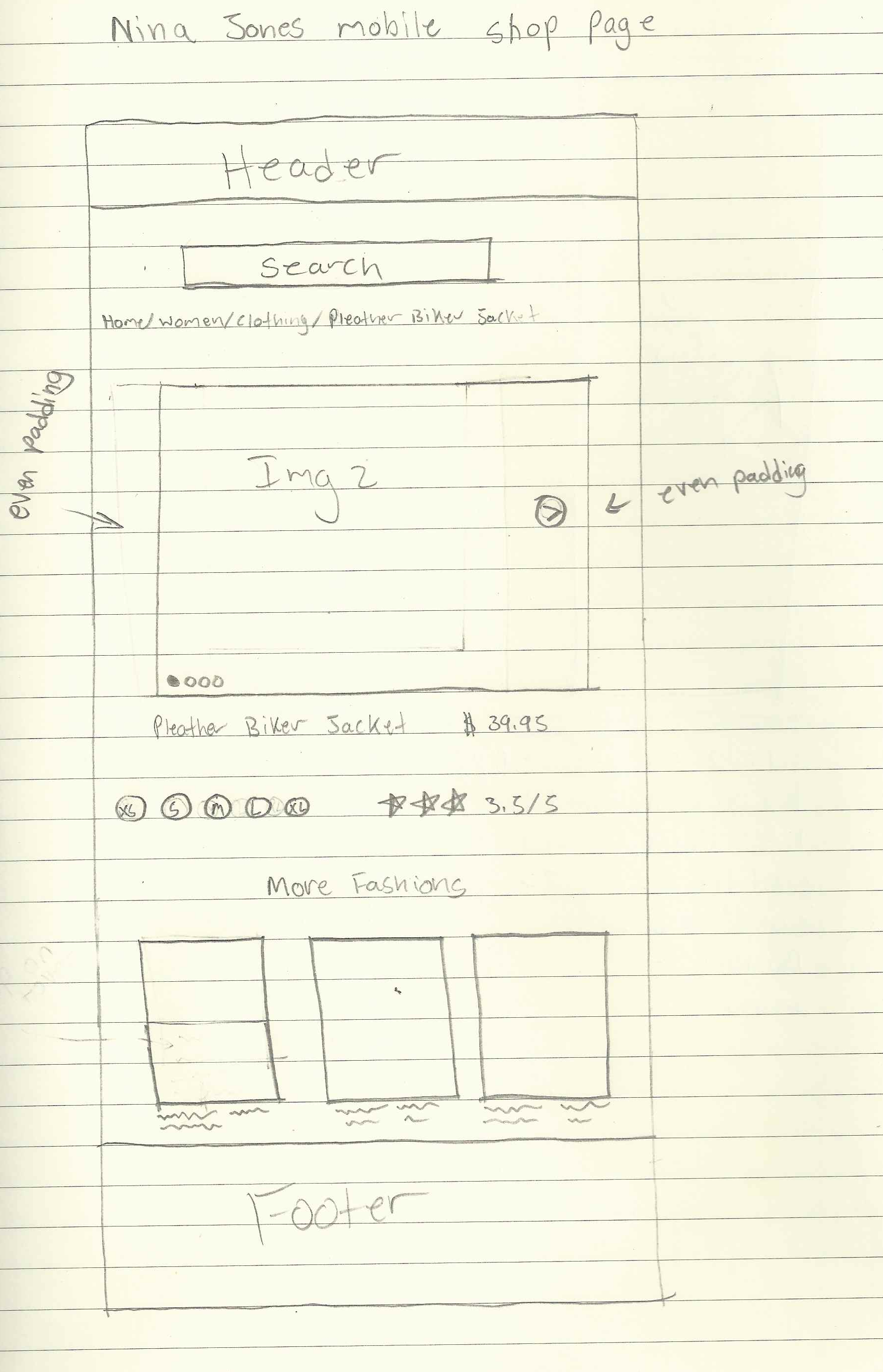 Image of drawn mobile wireframe of the shop page